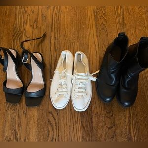 3 pairs size 10 women’s shoes- sneakers, boots, and heels.